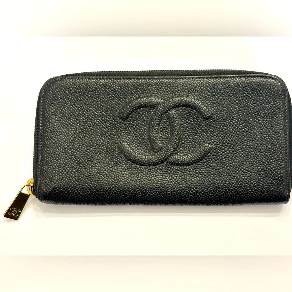 CHANEL Black Caviar Leather Zip-Around Wallet with Gold-Tone Hardware